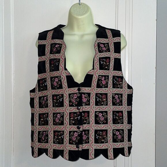 Vintage Jackets & Blazers - Vtg 90s Van Heusen black velvet vest with brocade ribbon & floral embroidery‎